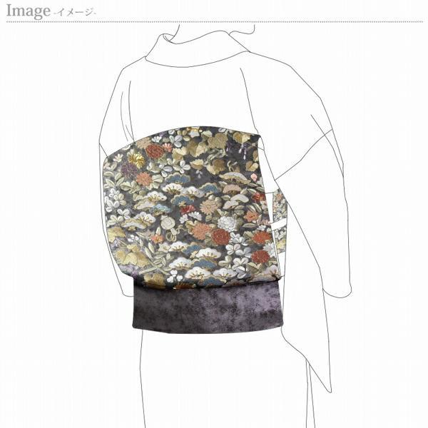 袋帯　綿芯お仕立て付き　中国三大刺繍　蘇州刺繍　相良刺繍　セミフォーマル用　六通柄　植物に宝　グレー色　丸巻き袋帯　レディース着物/和服/結婚式/入の画像