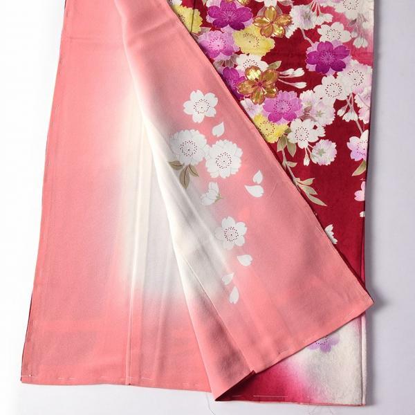 振袖　手縫いお仕立て付き　十日町「関芳」製　赤白色　桜尽くし　金駒刺繍入り　送料込み　ブランド振袖　御振袖の画像