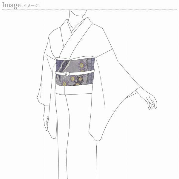袋帯　デザイン化のお花　灰色、藤紫色　全通柄　銀糸織込み　カジュアル〜セミフォーマル用　　お仕立て付き羽田工房調の画像