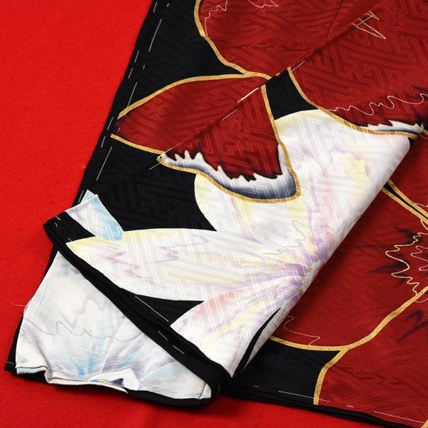 振袖　手縫いお仕立て付き　京都名門「染の北川」謹製　　紋綸子　ダイナミックな蘭　黒地に紅白色　裄７２.５ｃｍ位まで成人式・卒業式・謝恩会・結婚式・披の画像