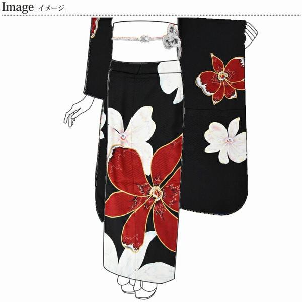 振袖　手縫いお仕立て付き　京都名門「染の北川」謹製　　紋綸子　ダイナミックな蘭　黒地に紅白色　裄７２.５ｃｍ位まで成人式・卒業式・謝恩会・結婚式・披の画像