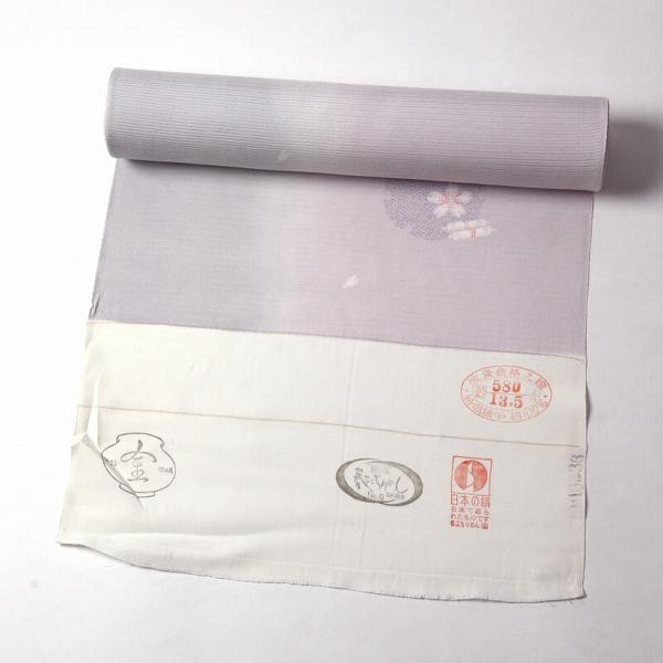 夏物　絽小紋　手縫いお仕立て付き　染小紋　雪輪に花びら　桃紫色と灰色　壷金　絽（五本絽）裄丈約６９．５ｃｍまで　送料込みの画像