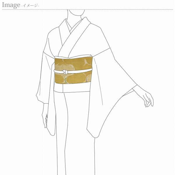 夏帯　お仕立て付き　手びき真綿紬　西陣織「山城機業店」　八寸名古屋帯　お太鼓柄　網目　芥子色　正絹　夏物　紗紬　カジュアル用の画像