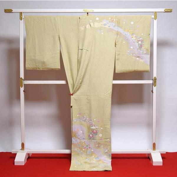 訪問着　手縫いお仕立て付き　京友禅作家　松井青々　道長取りに牡丹、松竹梅、菊　淡い鶸色　裄６９ｃｍ位まで結婚式・披露宴・パーティ・お見合い・結納・入_2