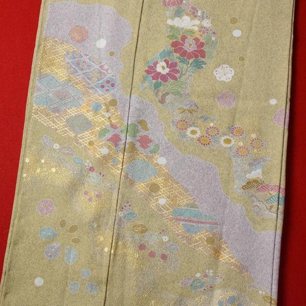 訪問着　手縫いお仕立て付き　京友禅作家　松井青々　道長取りに牡丹、松竹梅、菊　淡い鶸色　裄６９ｃｍ位まで結婚式・披露宴・パーティ・お見合い・結納・入_3