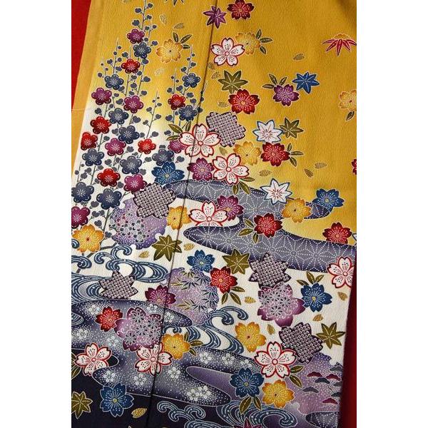 振袖　手縫いお仕立て付き　十日町友禅「関芳」謹製　紅型柄　桜、梅、楓　ひまわり色　裄７０.５ｃｍ位まで成人式・卒業式・謝恩会・結婚式・披露宴・初釜・の画像