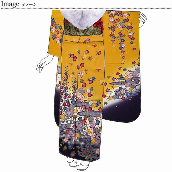 振袖　手縫いお仕立て付き　十日町友禅「関芳」謹製　紅型柄　桜、梅、楓　ひまわり色　裄７０.５ｃｍ位まで成人式・卒業式・謝恩会・結婚式・披露宴・初釜・の画像