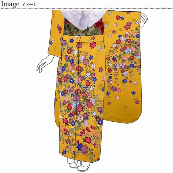振袖　手縫いお仕立て付き　十日町友禅「関芳」謹製　紅型柄　枝垂れ桜、菊、楓　ひまわり色　裄７０.５ｃｍ位まで成人式・卒業式・謝恩会・結婚式・披露宴・の画像