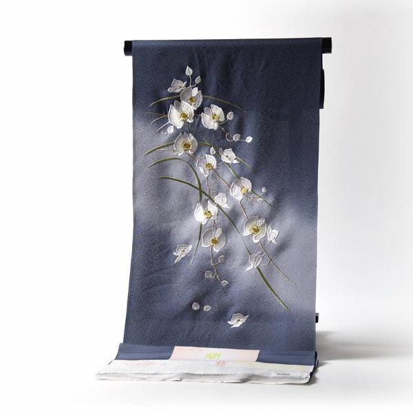 付下げ　手縫いお仕立て付き　胡蝶蘭　京刺繍　ぼかし染め　グレー色　裄６８．５ｃｍまで　正絹　準礼装用/セミフォーマル用