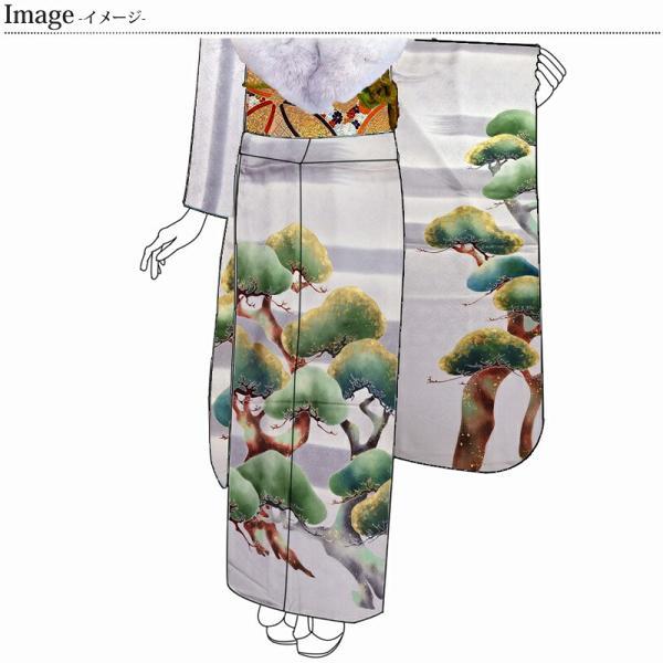 振袖　手縫いお仕立て付き　京都トキワ商事謹製　美の花　綸子生地　振り付き御振袖　明灰色　吉祥樹　松　送料込みの画像