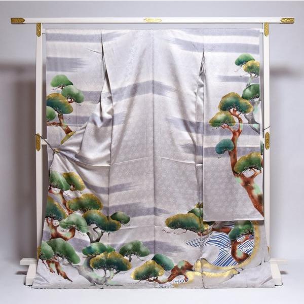 振袖　手縫いお仕立て付き　京都トキワ商事謹製　美の花　綸子生地　振り付き御振袖　明灰色　吉祥樹　松　送料込みの画像