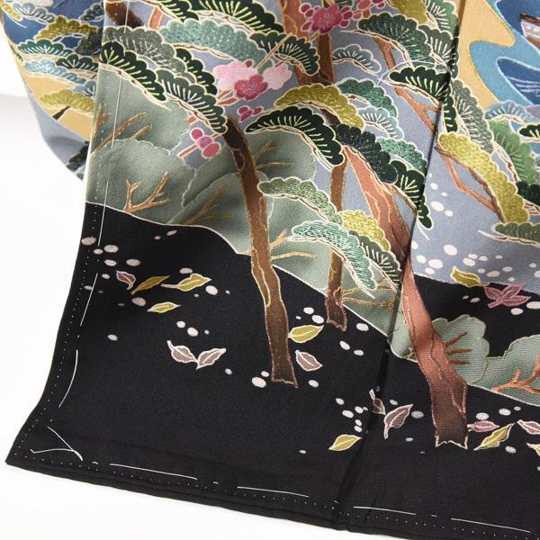 黒留袖　お仕立て上がり　新品未使用品　五つ紋入り（違い鷹の羽）蘇州刺繍　風景文様身丈１５９．５ｃｍ裄６３ｃｍ着物の画像