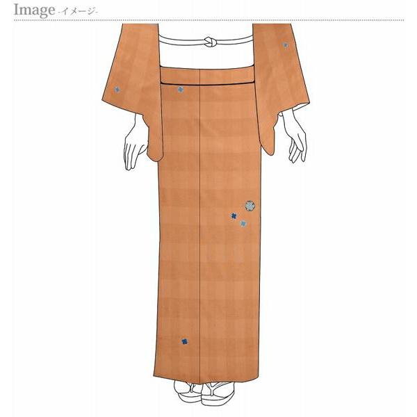 紬　手縫いお仕立て付き　五代田畑喜八作　雪輪に大小とばし　柑子系色　裄７２．５ｃｍ位まで着物/和服/和装/パーティ/ショッピング/食事/お出掛け着の画像