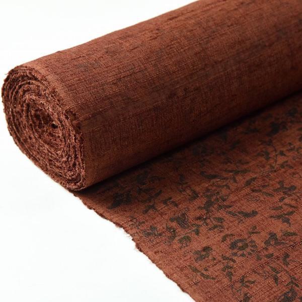 野蚕糸　袷手縫いお仕立て付き　天然繭　野蚕糸きもの　高級紬　細かい植物／茶色　お洒落キモノ　広幅反物　裄７６．５ｃｍまでの画像