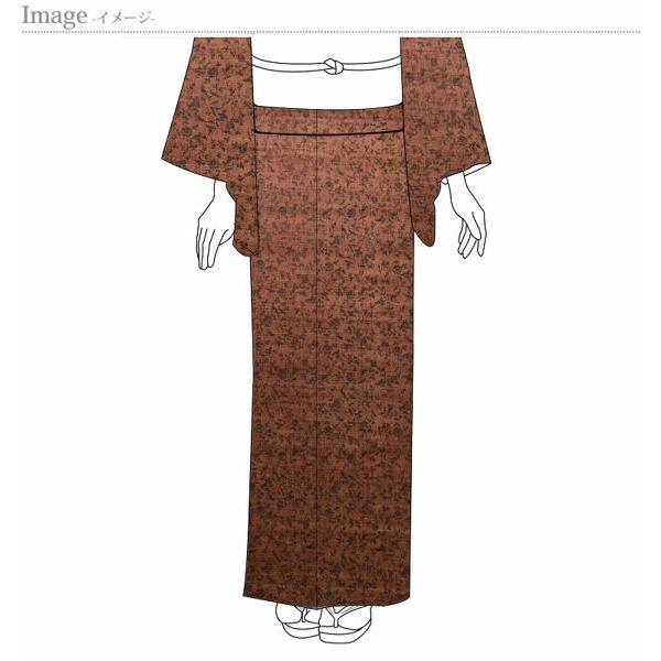 野蚕糸　袷手縫いお仕立て付き　天然繭　野蚕糸きもの　高級紬　細かい植物／茶色　お洒落キモノ　広幅反物　裄７６．５ｃｍまでの画像