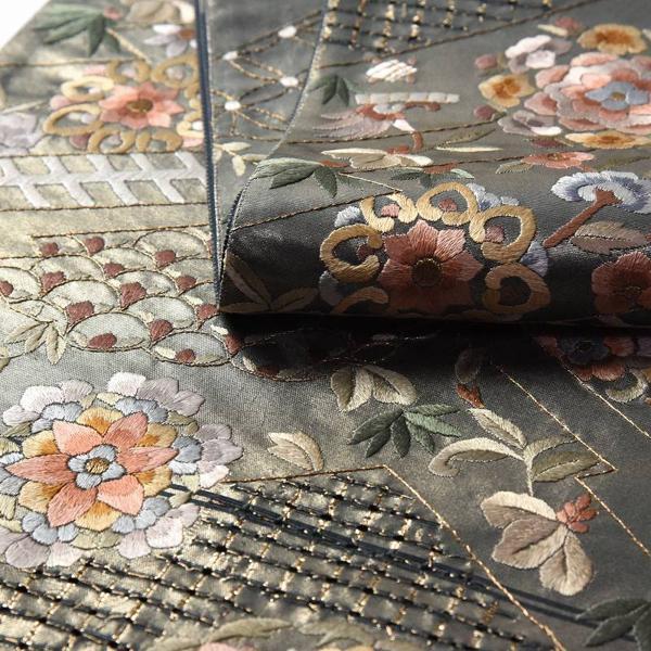 袋帯 お仕立て付き 正絹 蘇州刺繍 スワトウ刺繍 六通柄 華文 薄藍 