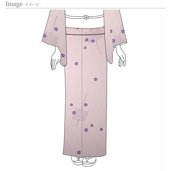 小紋　手縫いお仕立て付き　丹後ちりめんきたつみ大鳳縮緬　糸巻き　紫みのピンク色着物/和服/和装/カジュアル着/街着/女性物裄７０．８ｃｍ位まで送料込の画像
