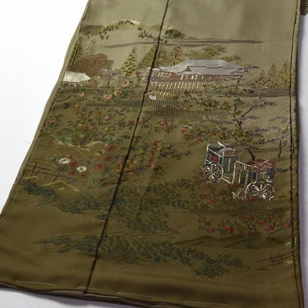 手刺繍　手縫いお仕立て付き　総刺繍　蘇州刺繍　スワトウ刺繍　清水寺　訪問着　鶯色送料込みの画像