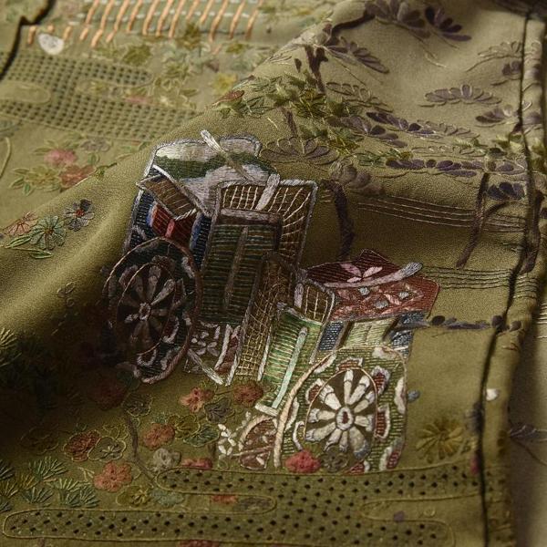 手刺繍　手縫いお仕立て付き　総刺繍　蘇州刺繍　スワトウ刺繍　清水寺　訪問着　鶯色送料込みの画像