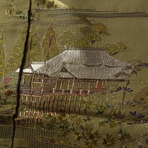 手刺繍　手縫いお仕立て付き　総刺繍　蘇州刺繍　スワトウ刺繍　清水寺　訪問着　鶯色送料込みの画像
