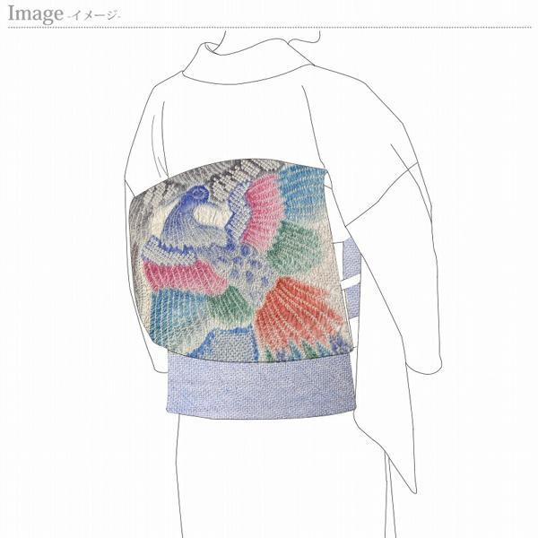 名古屋帯　綿芯お仕立て付き　正絹　藤娘きぬたや　絞り染め　九寸名古屋帯（お太鼓柄）鳳凰　空色　カジュアル用レディース着物/和服/カジュアル/遊び着/の画像