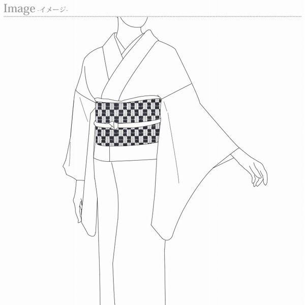 袋帯　お仕立て付き　西陣織「長嶋成織物」ながしま帯　市松　モノトーン色　全通柄　カジュアル用　送料込みの画像