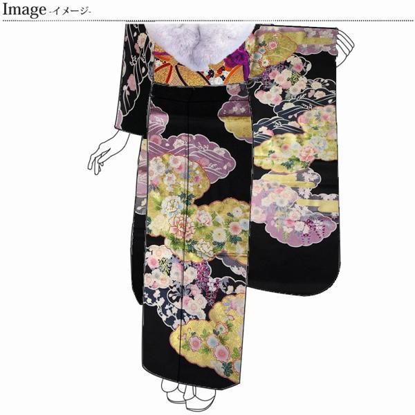 振袖　手縫いお仕立て付き　十日町「吉澤の友禅」　雲取りに花々　黒色　裄７２ｃｍ位まで成人式・卒業式・謝恩会・結婚式・披露宴・初釜・パーティーに送料込の画像