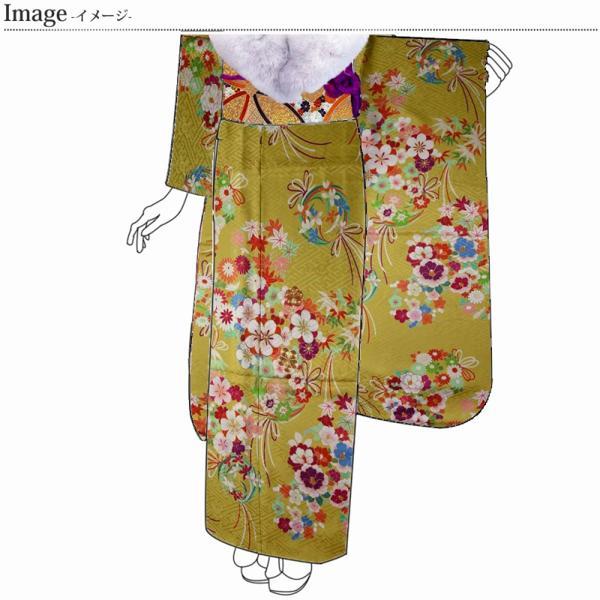 振袖　手縫いお仕立て付き　薬玉文様　綸子地　黄色　トールサイズ・裄７４．５ｃｍ位まで成人式・卒業式・謝恩会・結婚式・披露宴・初釜・パーティーに送料込の画像