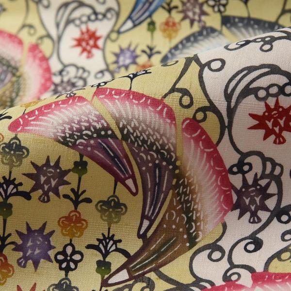 琉球紅型染　お仕立て付き　本場琉球びんがた　城間栄市氏作　袋帯（六通柄）紬地　宝の碧　薄い黄色　レディース着物/カジュアル/遊び着　送料込み_2