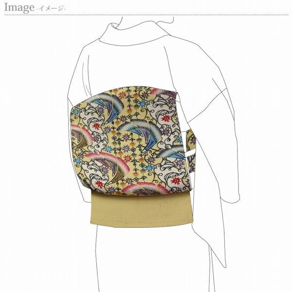 琉球紅型染　お仕立て付き　本場琉球びんがた　城間栄市氏作　袋帯（六通柄）紬地　宝の碧　薄い黄色　レディース着物/カジュアル/遊び着　送料込み_6