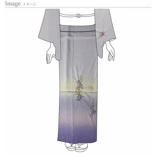夏着物　京友禅訪問着　絽　手縫いお仕立て付き　正絹　辻が花文様　明るい灰色、藤紫色　レディース着物/和服/和装/夏着物身長１６５ｃｍまで、裄６７．５の画像