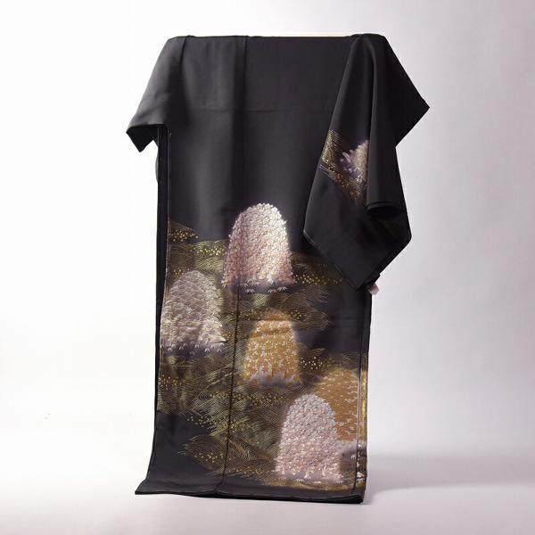 訪問着 手縫いお仕立て付き 総刺繍 蘇州刺繍 波に松、楓、梅 グレー色