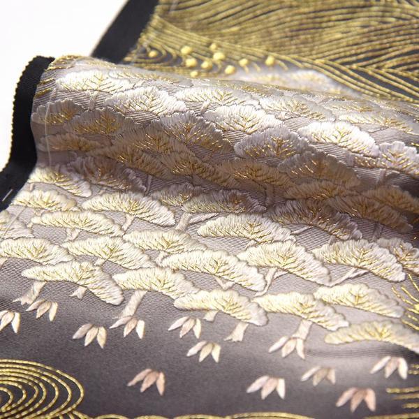 訪問着 手縫いお仕立て付き 総刺繍 蘇州刺繍 波に松、楓、梅 グレー色