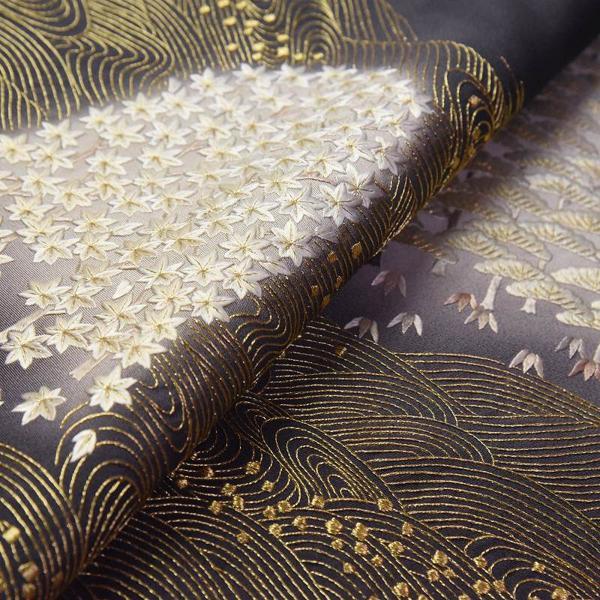 訪問着 手縫いお仕立て付き 総刺繍 蘇州刺繍 波に松、楓、梅 グレー色