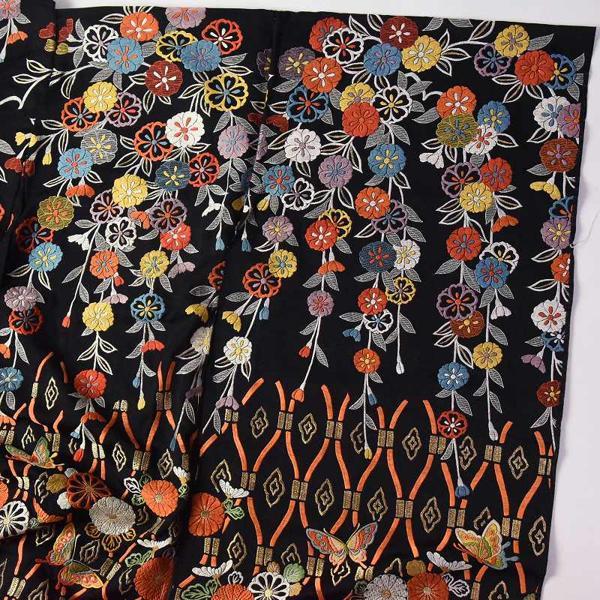 振袖 手縫いお仕立て付き 総刺繍 手刺繍 花々に鳳凰 黒色 身長