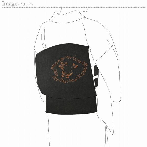 八寸帯　お仕立て付き　古代布　諸紙布　八寸名古屋帯（お太鼓柄）蝶々　緑グレー色　かがり帯　送料込みの画像