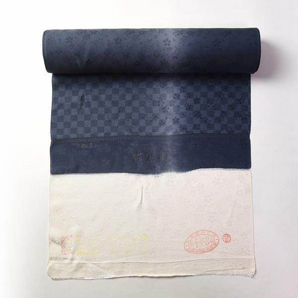 単衣・手縫い仕立て付き竹紫苑　市松に小花地紋　藍グレーの暈し染め小紋反物／ロングコート・長羽織・道行コート・道中着に［裄70.5cmまで対応］の画像