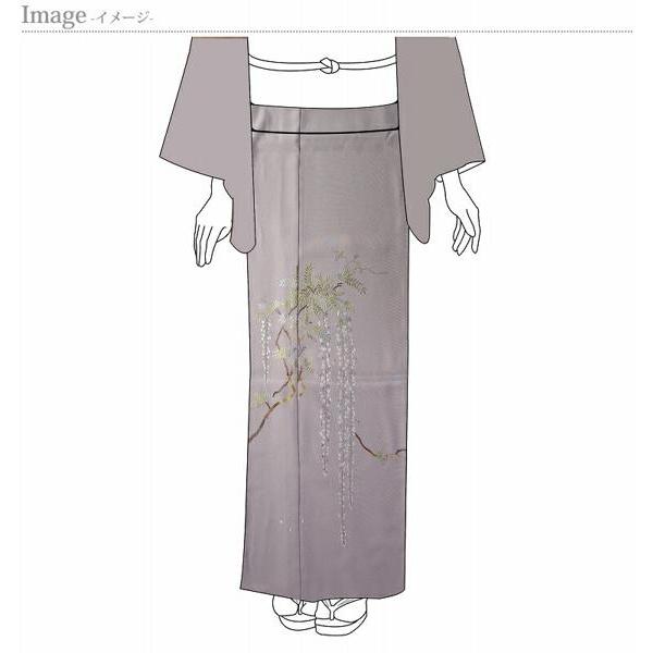 刺入り　訪問着　フルオーダー手縫いお仕立て付き　刺　藤の花　明灰色　身丈１５１ｃｍ位まで、裄７０．５ｃｍまで　通年の着用可　着物　送料込みの画像