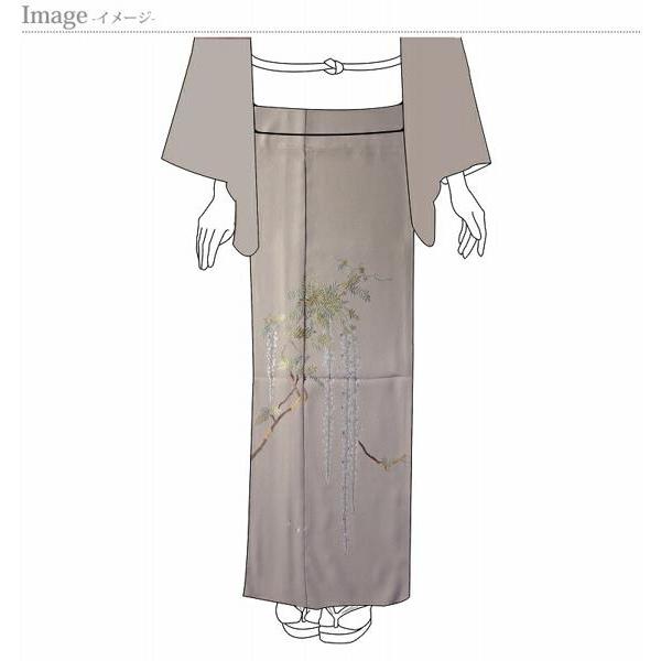 刺入り　訪問着　フルオーダー手縫いお仕立て付き　刺　藤の花　砂色がかった灰色　身丈１５１ｃｍ位まで、裄７０ｃｍまで　通年の着用可　着物　送料込みの画像