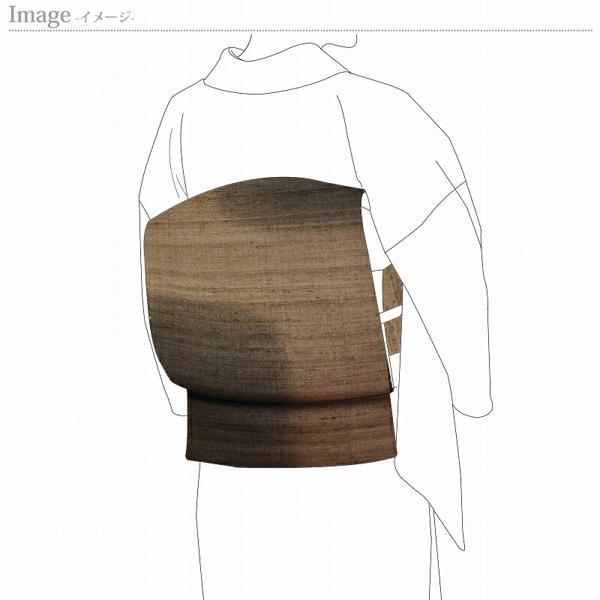 袋帯　お仕立て付き　野蚕糸　ぼかし　紬地　灰ベージュ色　お太鼓柄　正絹　着物/和服/カジュアル　送料込みの画像