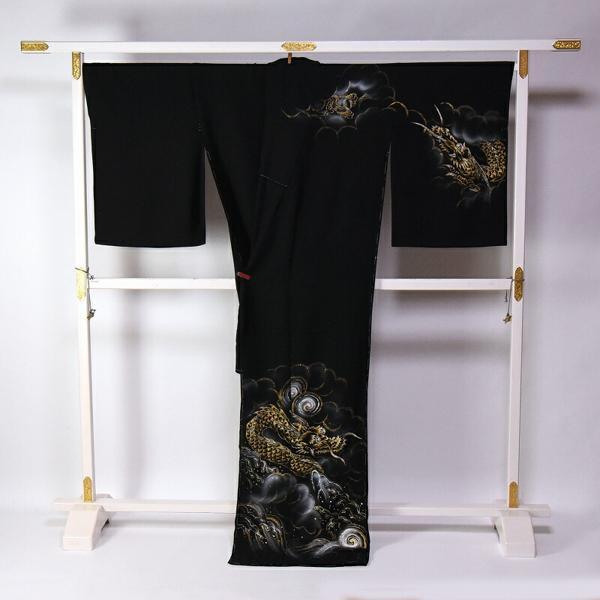 訪問着　手縫いお仕立て付き　龍　手描き　黒色　身丈１６０ｃｍ位まで、裄７１ｃｍまで　通年の着用可　着物　送料込みの画像