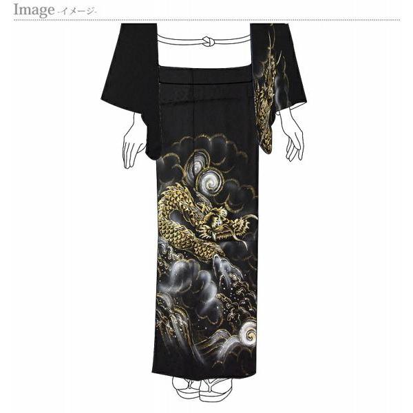 訪問着　手縫いお仕立て付き　龍　手描き　黒色　身丈１６０ｃｍ位まで、裄７１ｃｍまで　通年の着用可　着物　送料込みの画像