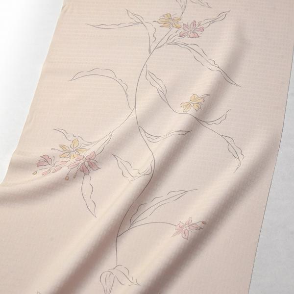小紋　手縫いお仕立て付き　京友禅　手描き風の繊細なお花　エクルベージュ色着物/和服/和装/カジュアル着/街着/女性物裄７０ｃｍくらいまで送料込みの画像
