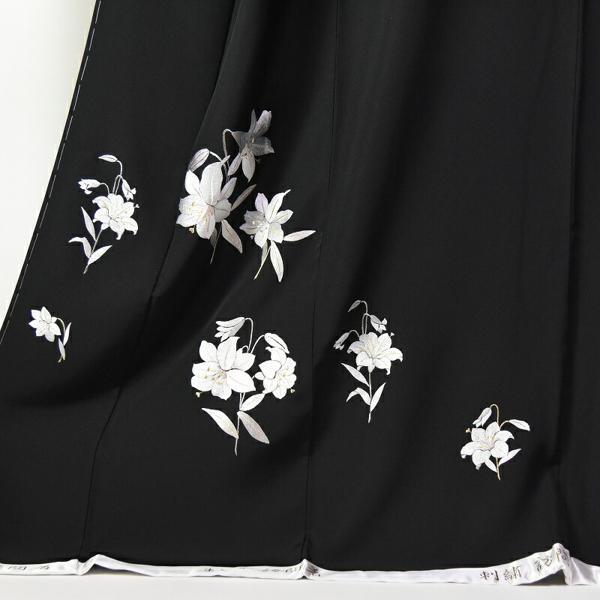 刺　訪問着　お仕立て済み　百合のお花　黒色　身丈１６３ｃｍ／裄６８ｃｍ　着物　正絹100％　新品未使用品　送料込みの画像