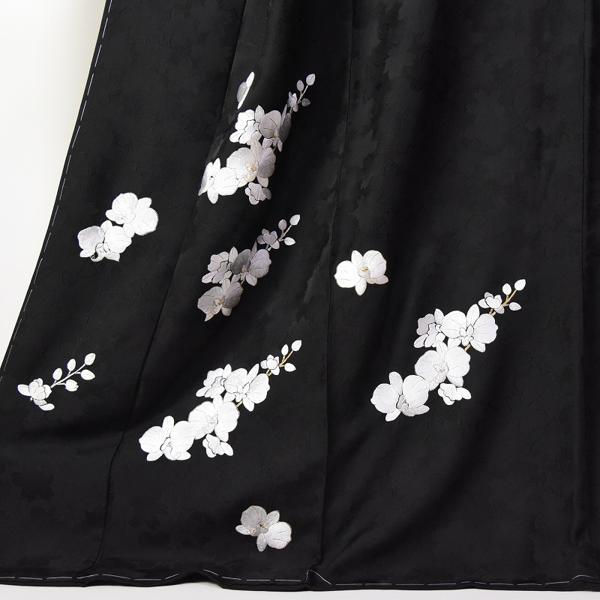 刺　訪問着　お仕立て済み　胡蝶蘭　桜の地紋　黒色　身丈１６３ｃｍ／裄６８ｃｍ　着物　正絹100％　新品未使用品　送料込みの画像