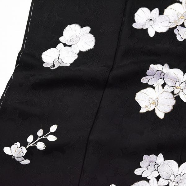 刺　訪問着　お仕立て済み　胡蝶蘭　桜の地紋　黒色　身丈１６３ｃｍ／裄６８ｃｍ　着物　正絹100％　新品未使用品　送料込みの画像