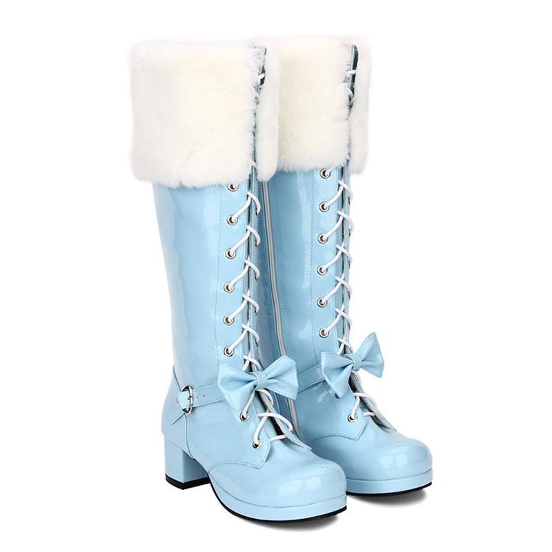 スウィートロリータブーツフェイクファーレースアップボウチャンク