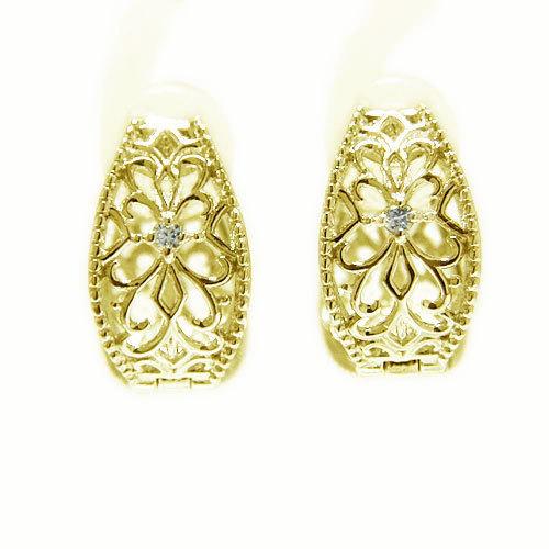 ピアス K18ホワイトゴールド イエローゴールド ピンクゴールド フープ 中折れ ダイヤピアス 透かし ミル打ち 18K 18金 ゴールド 天然石 アンティーク プレゼントの画像