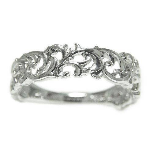 Pt900 プラチナ透かし模様唐草幅広リング指輪 シルバーカラー