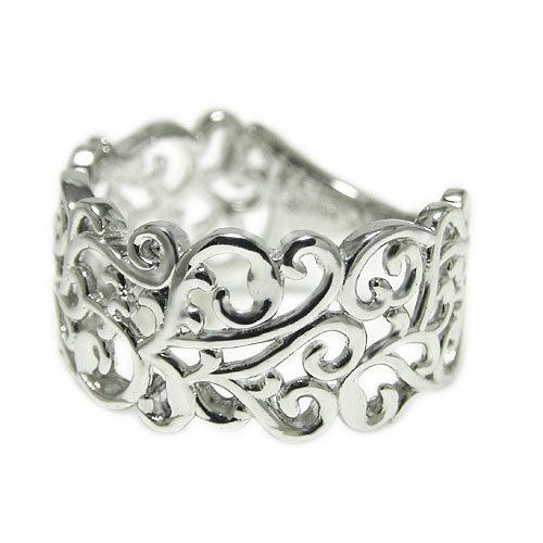 Pt900 プラチナ透かし模様唐草幅広リング指輪 シルバーカラー
